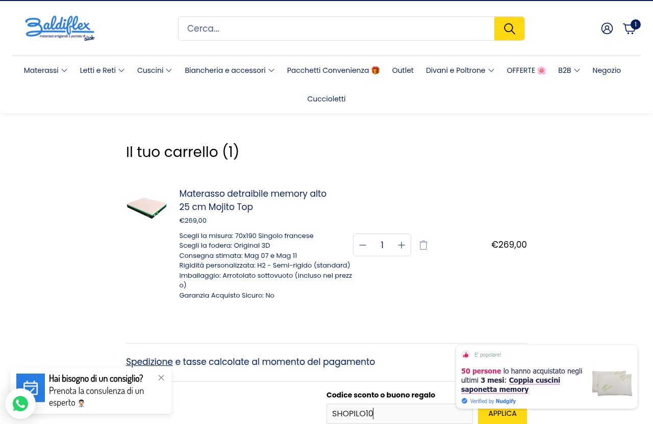 Dove inserire il codice sconto sul sito Baldiflex