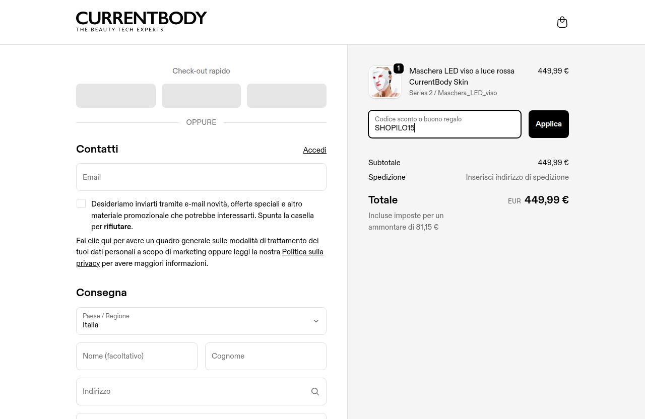 Dove inserire il codice sconto sul sito CurrentBody