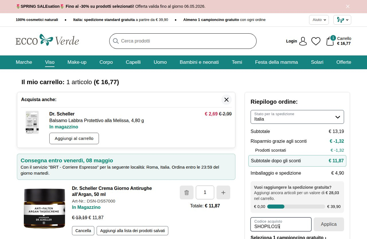 Dove inserire il codice sconto sul sito Ecco Verde