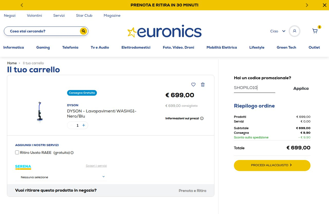Dove inserire il codice sconto sul sito Euronics