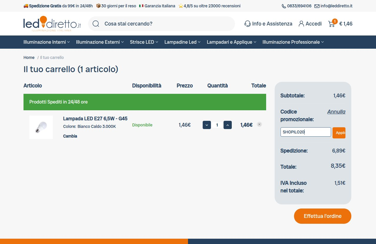Dove inserire il codice sconto sul sito LedDiretto