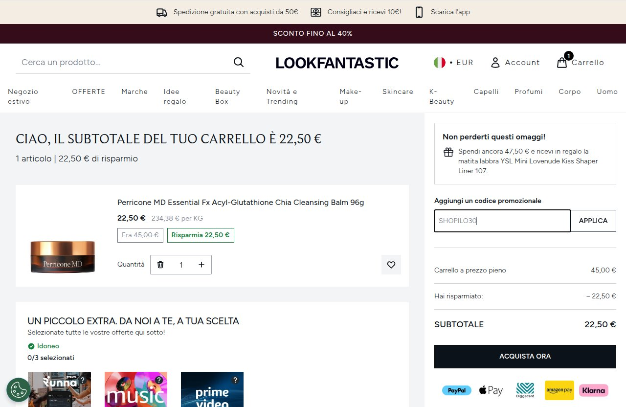 Dove inserire il codice sconto sul sito Lookfantastic