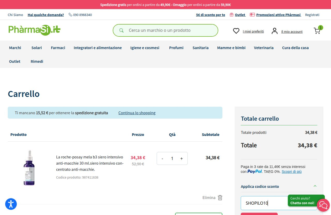 Dove inserire il codice sconto sul sito Pharmasi.it