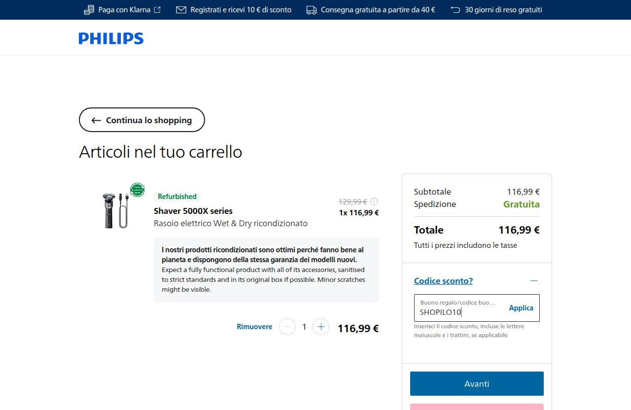 Dove inserire il codice sconto sul sito Philips
