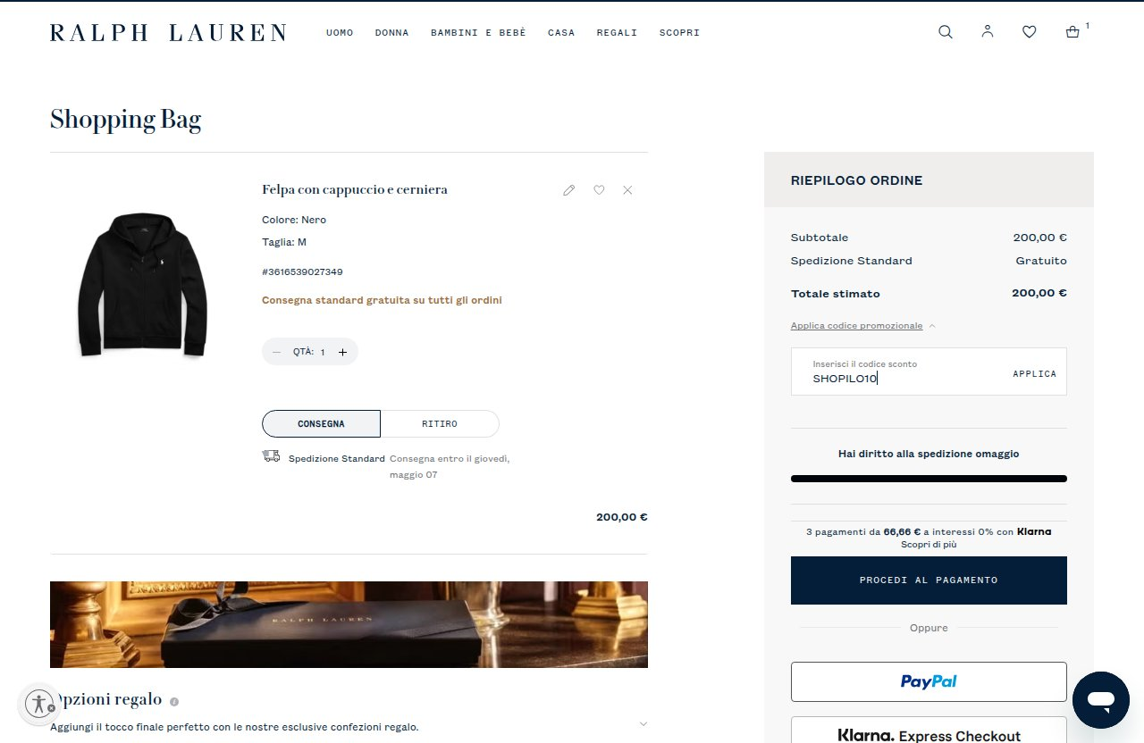 Dove inserire il codice sconto sul sito Ralph Lauren