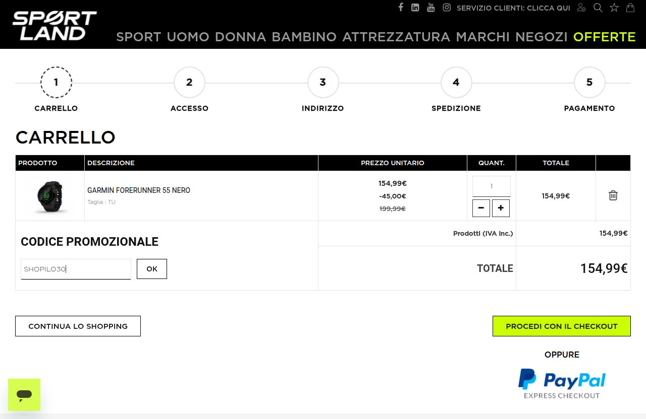 Dove inserire il codice sconto sul sito Sportland