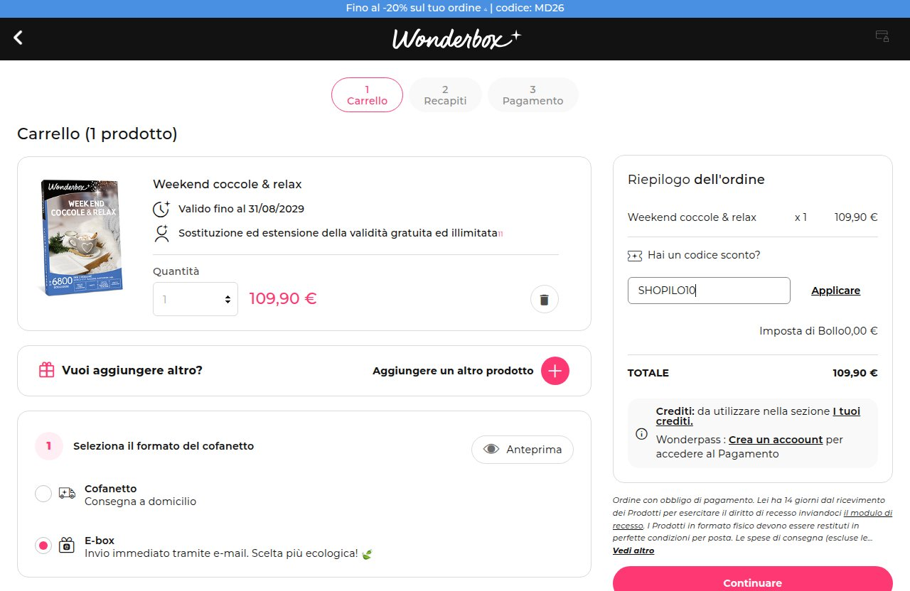 Dove inserire il codice sconto sul sito Wonderbox