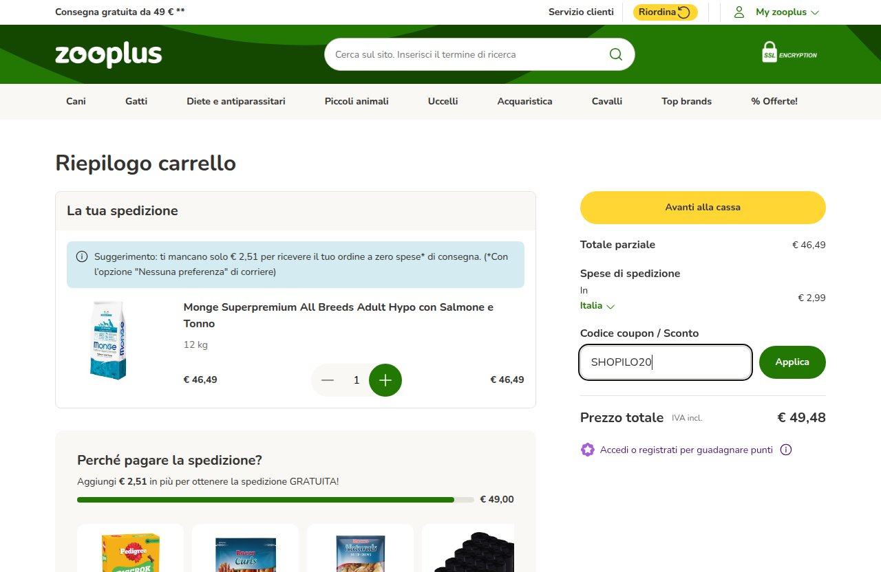 Dove inserire il codice sconto sul sito Zooplus